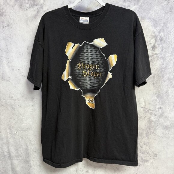 Vintage Dragon Slayer T Shirt Mens XL Black Y2K Video Game Chainmail - Picture 1 of 7